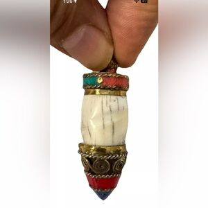 Vintage & unique ethnic tibetan yak bone amulet handmade pendant bullet shape 2”